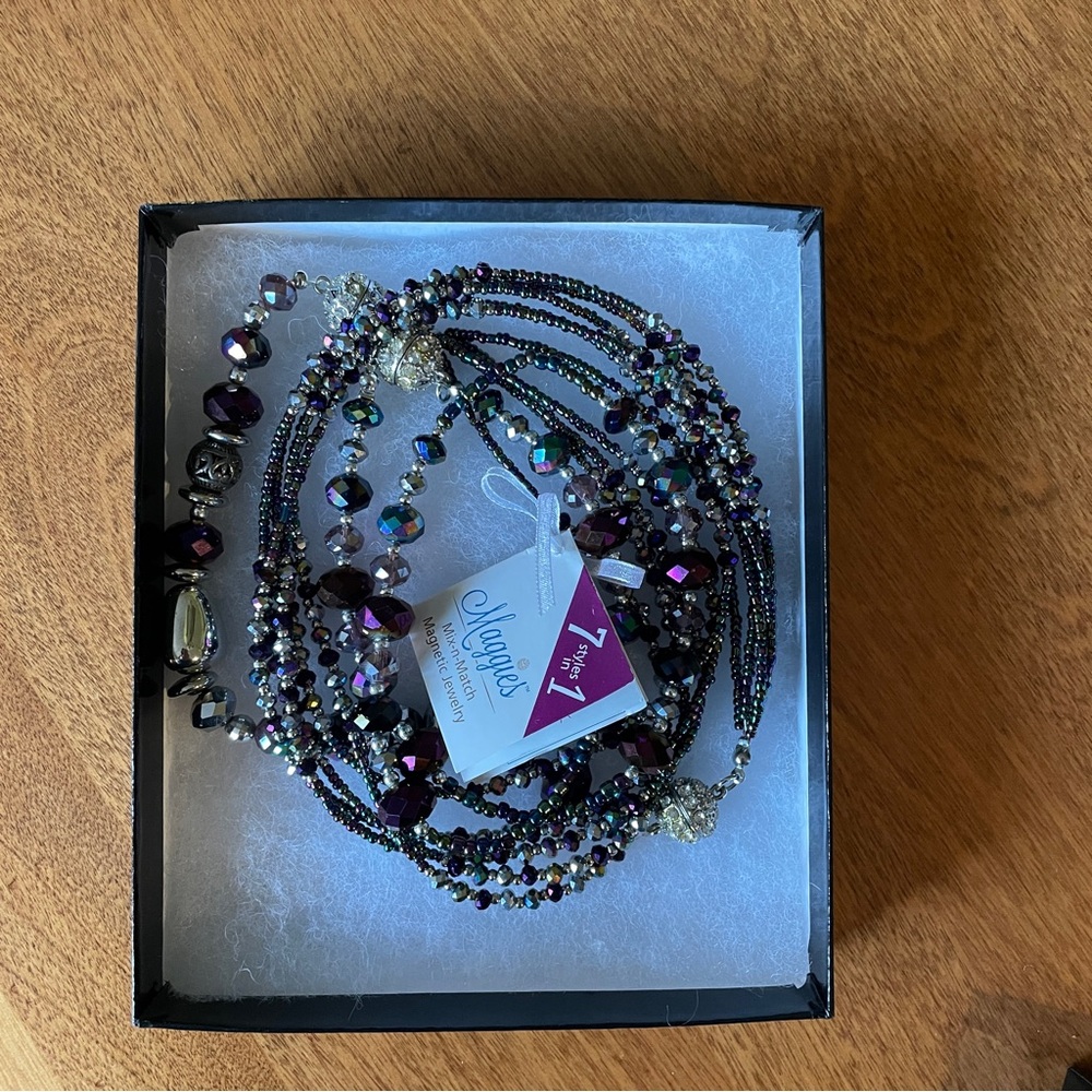 Magnetic Closure Jewelry - Purple and Silver Iridescent Beaded Necklace Set